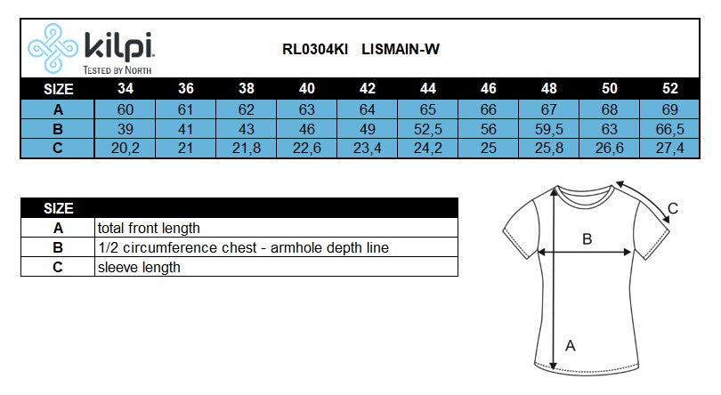 Technisches Damen-T-Shirt Kilpi LISMAIN-W – Größentabelle