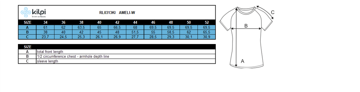 Technisches Damen-T-Shirt Kilpi AMELI-W – Größentabelle