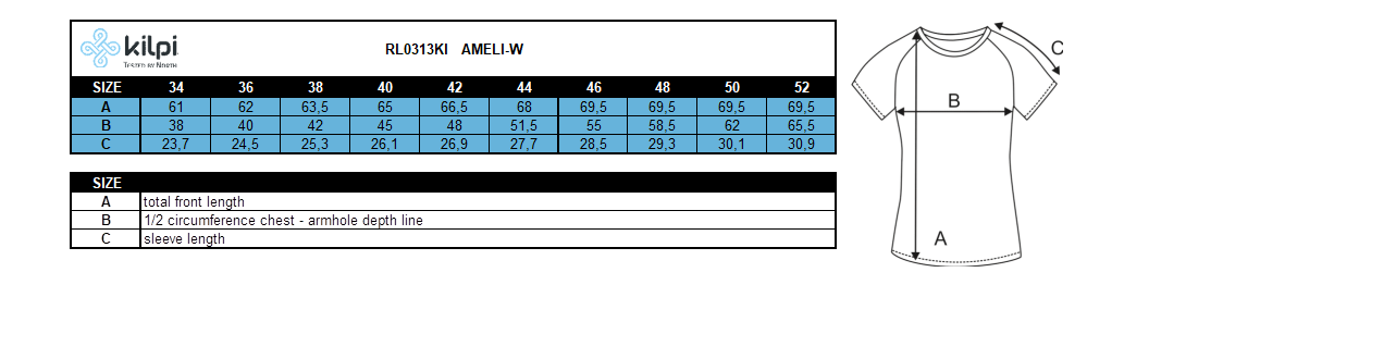 Technisches Damen-T-Shirt Kilpi AMELI-W – Größentabelle