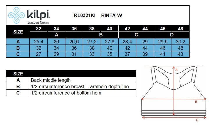Women´s sports bra Kilpi RINTA-W – Size chart