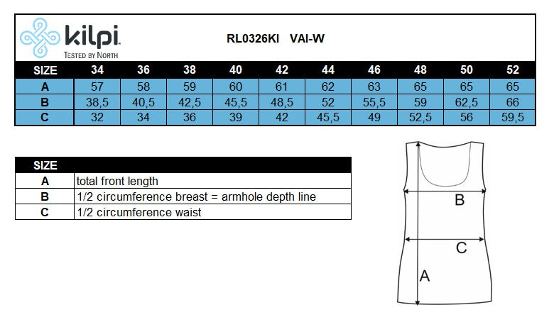 Women´s cycling top Kilpi VAI-W – Size chart