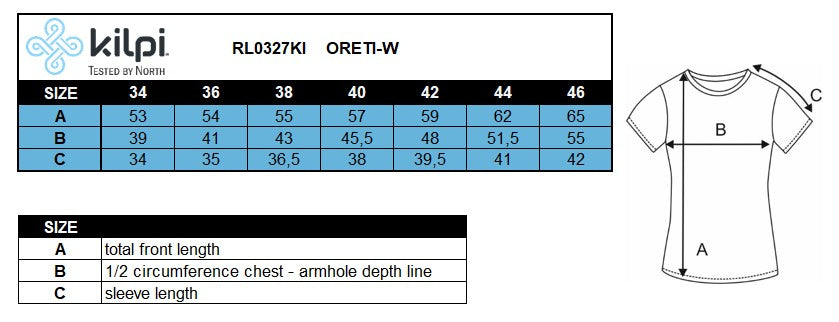Women´s cycling jersey Kilpi ORETI-W – Size chart