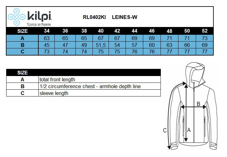 Women's sweatshirt Kilpi LEINES-W – Size chart