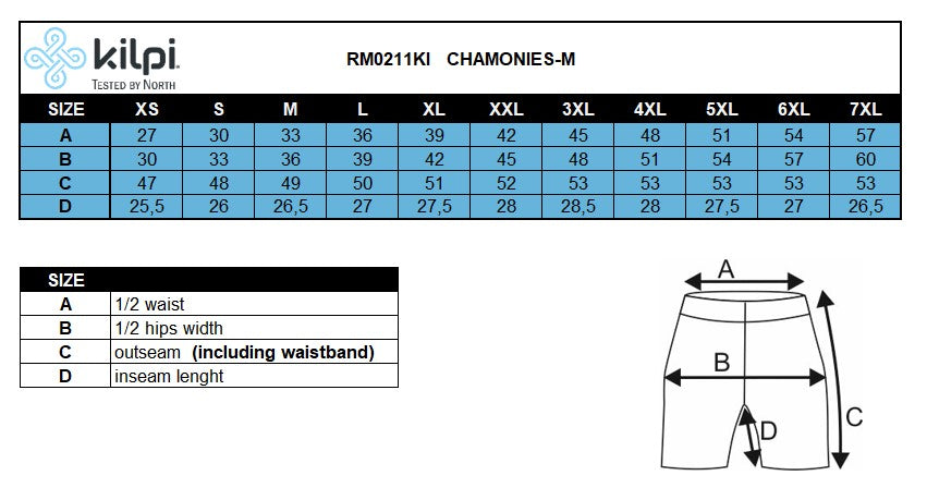 Men's running shorts Kilpi CHAMONIES-M – Size chart