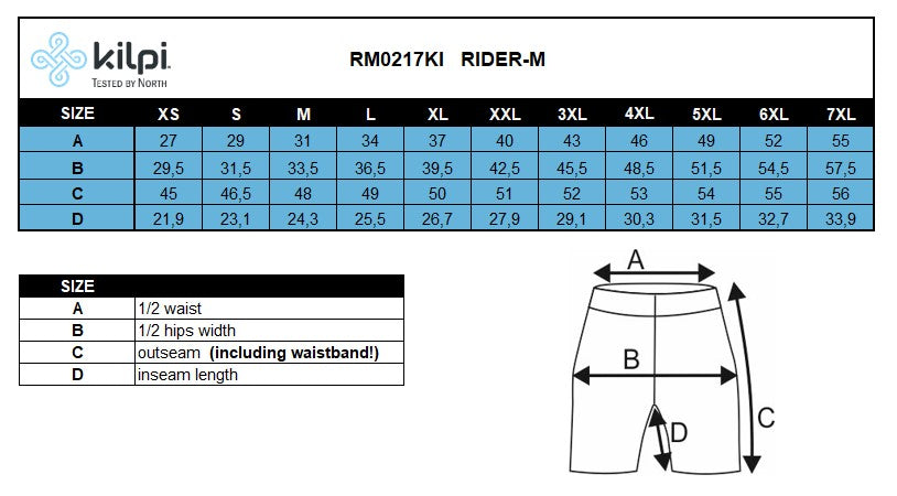 Men's cycling shorts Kilpi RIDER-M – Size chart