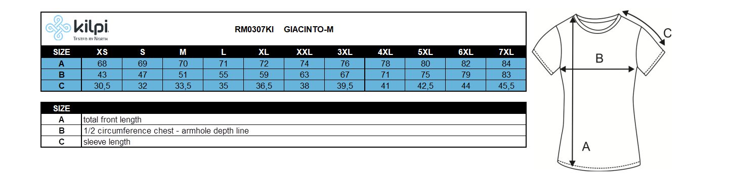 Herren-Outdoor-T-Shirt Kilpi GIACINTO-M – Größentabelle