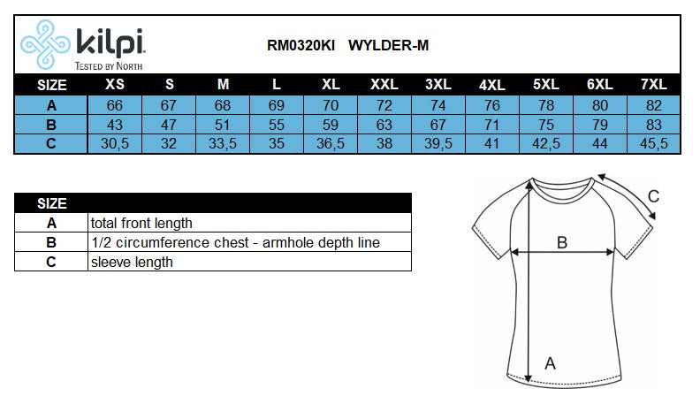 Men´s running t-shirt Kilpi WYLDER-M – Size chart