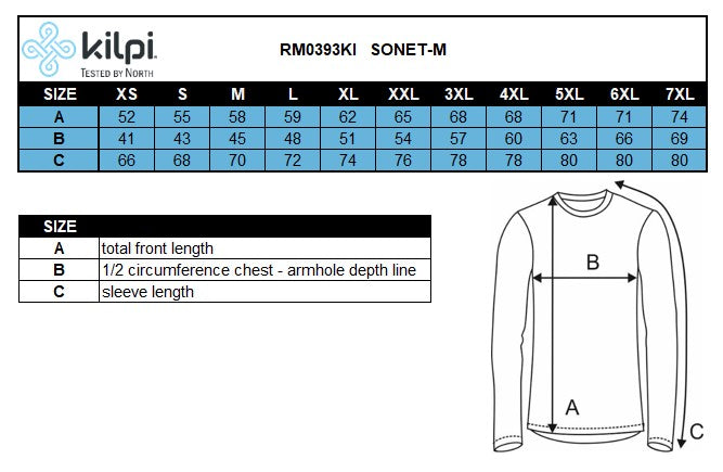 Men´s merino wool long sleeve cycling jersey Kilpi SONET-M – Size chart