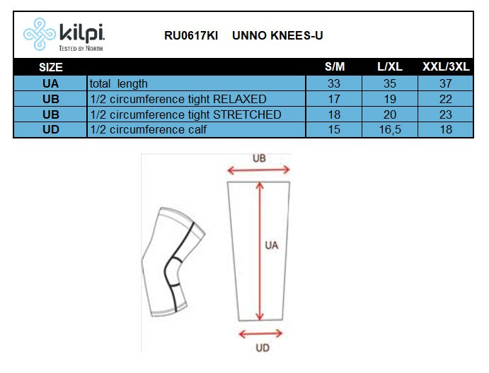 Knee warmers Kilpi UNNO KNEES-U – Size chart