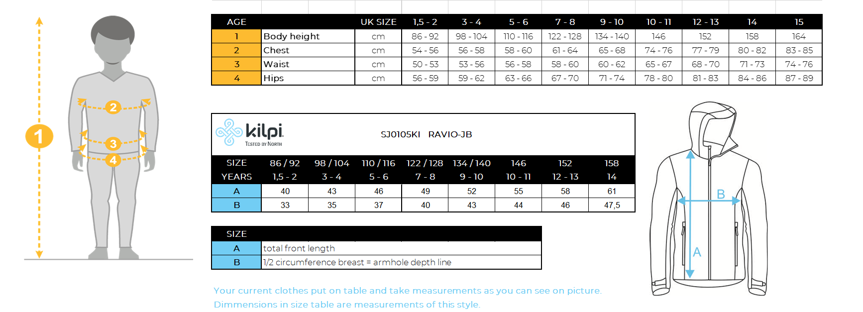 Jungen-Softshelljacke Kilpi RAVIO-JB – Größentabelle