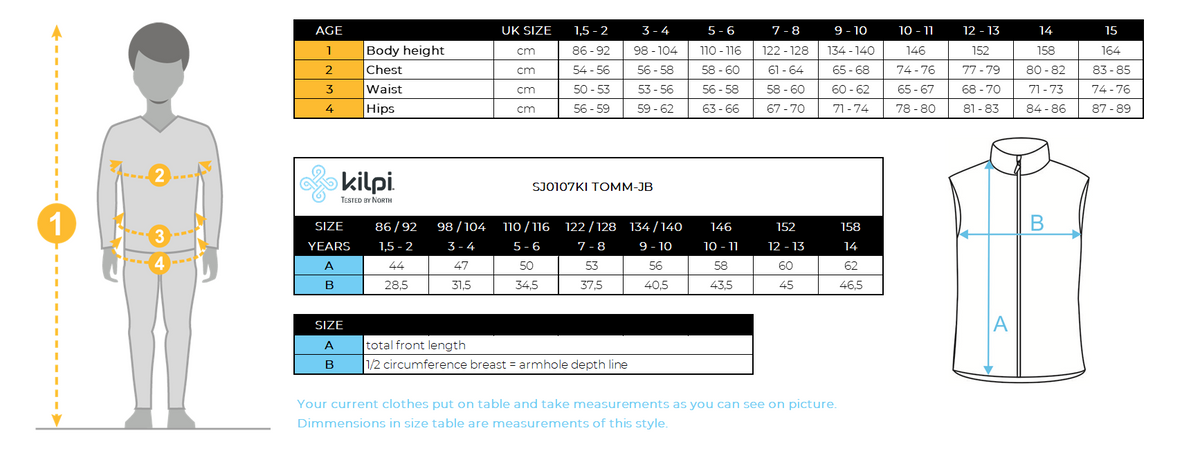 Boy´s insulated vest Kilpi TOMM-JB – Size chart
