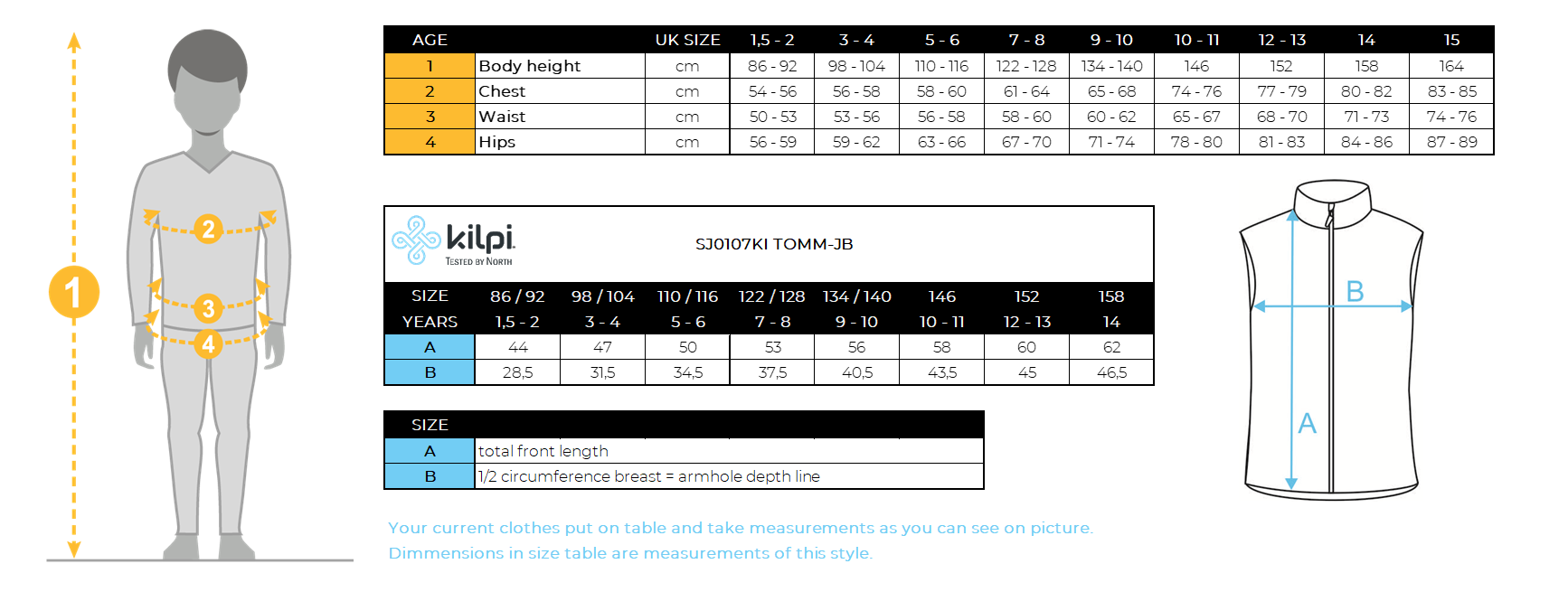 Boy´s insulated vest Kilpi TOMM-JB – Size chart