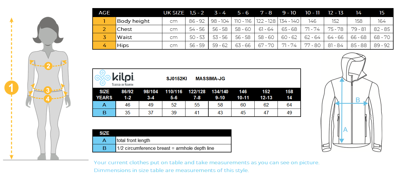 Girl´s ski jacket Kilpi MASSIMA-JG – Size chart
