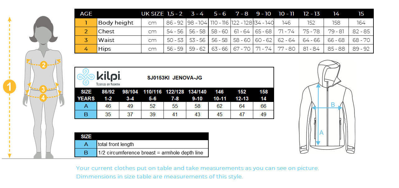 Mädchen-Skijacke Kilpi JENOVA-JG – Größentabelle