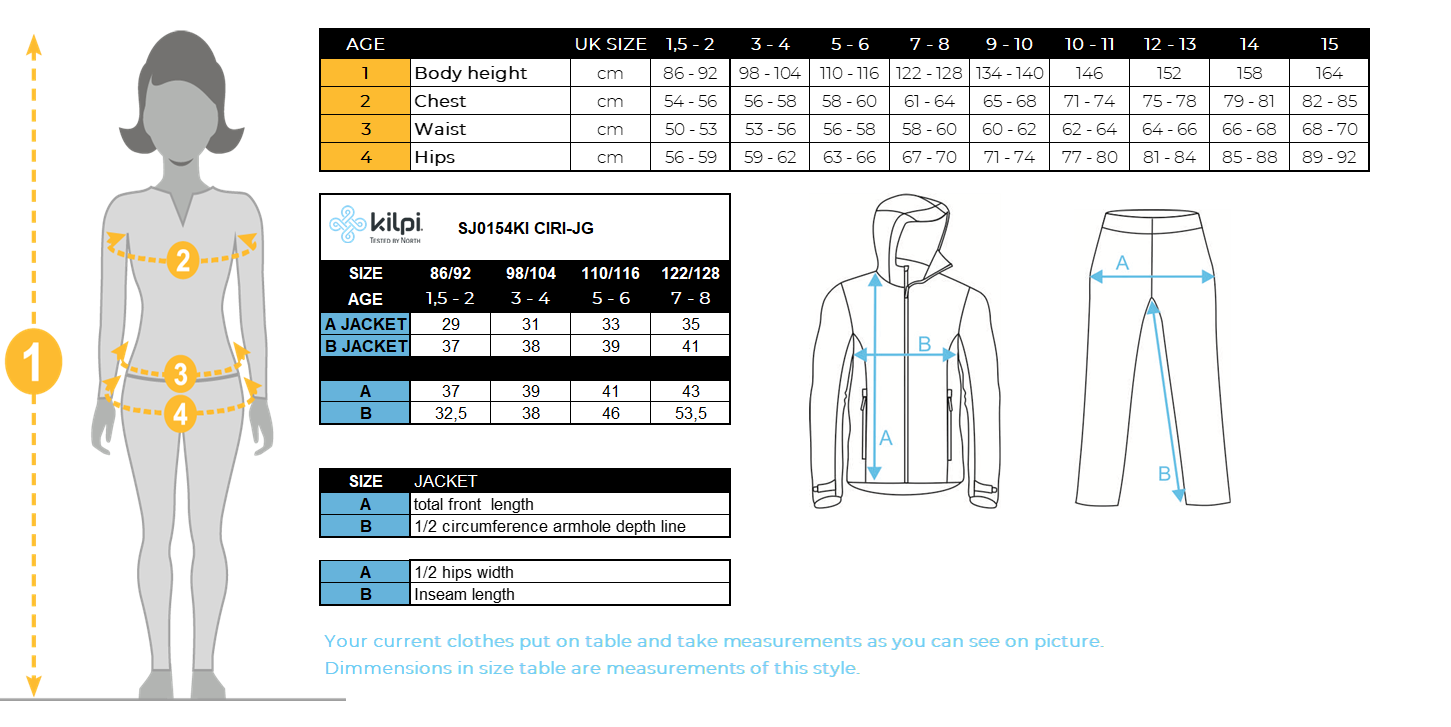 Girl´s ski overall KIlpi CIRI-JG – Size chart