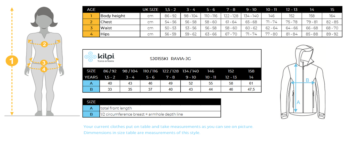 Mädchen-Softshelljacke Kilpi RAVIA-JG – Größentabelle