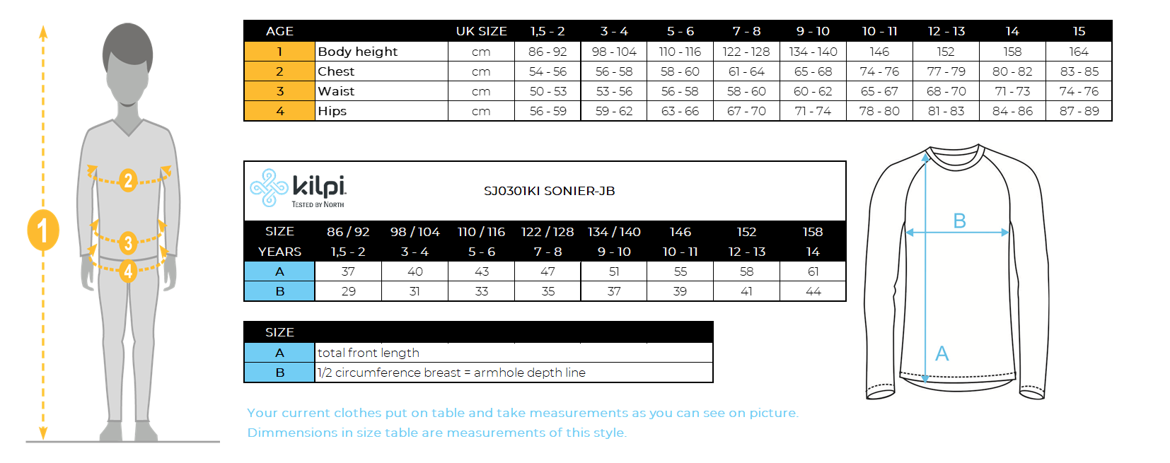 Boy´s cotton long sleeve t-shirt Kilpi SONIER-JB – Size chart