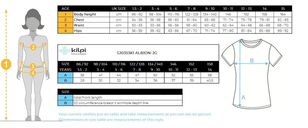 Baumwoll-T-Shirt für Mädchen Kilpi ALBION-JG – Größentabelle