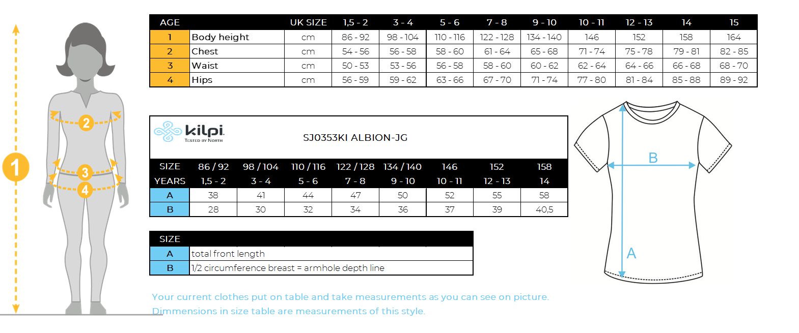 Baumwoll-T-Shirt für Mädchen Kilpi ALBION-JG – Größentabelle