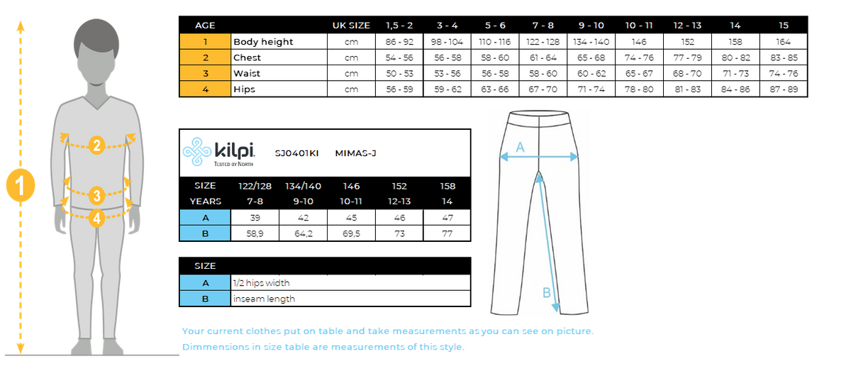 Kid´s ski pants Kilpi MIMAS-J – Size chart