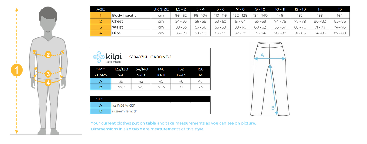 Kinderskihose Kilpi GABONE-J – Größentabelle