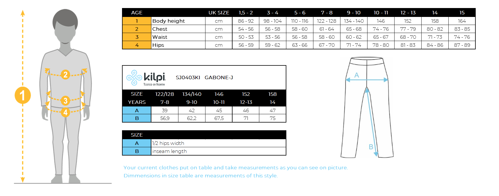 Kinderskihose Kilpi GABONE-J – Größentabelle