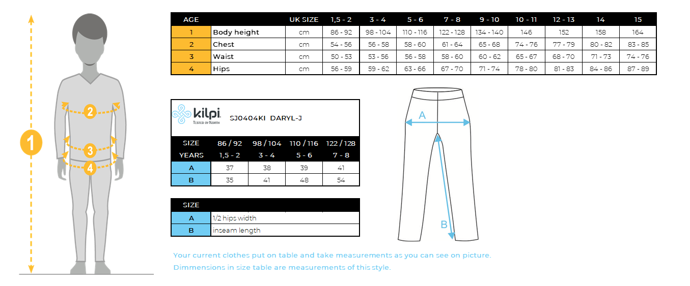 Kinderskihose Kilpi DARYL-J – Größentabelle
