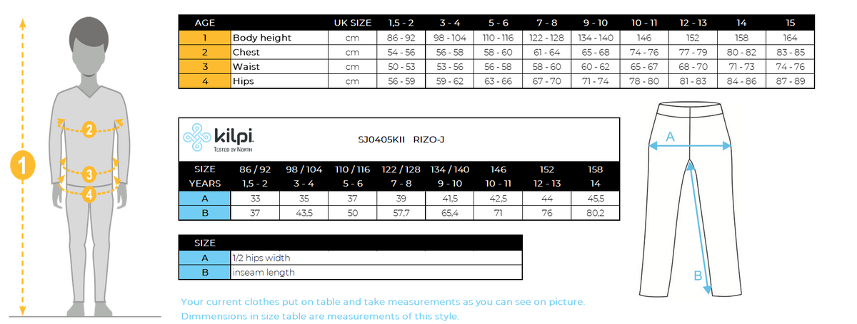Kinder-Softshell-Outdoorhose Kilpi RIZO-J – Größentabelle