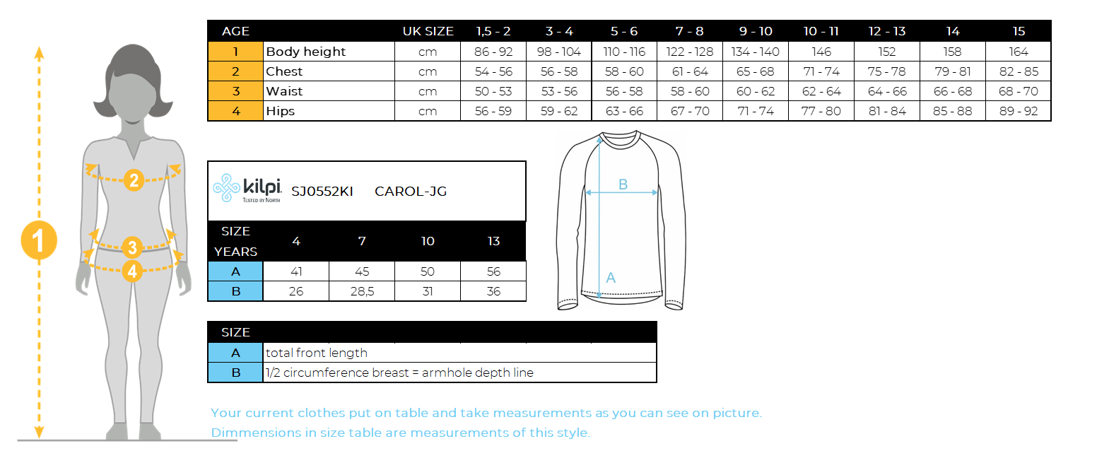 Mädchenunterwäsche Kilpi CAROL-JG – Größentabelle