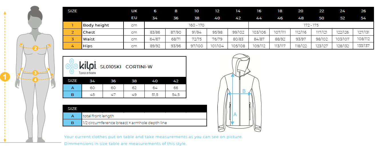 Damen-Skijacke Kilpi CORTINI-W – Größentabelle