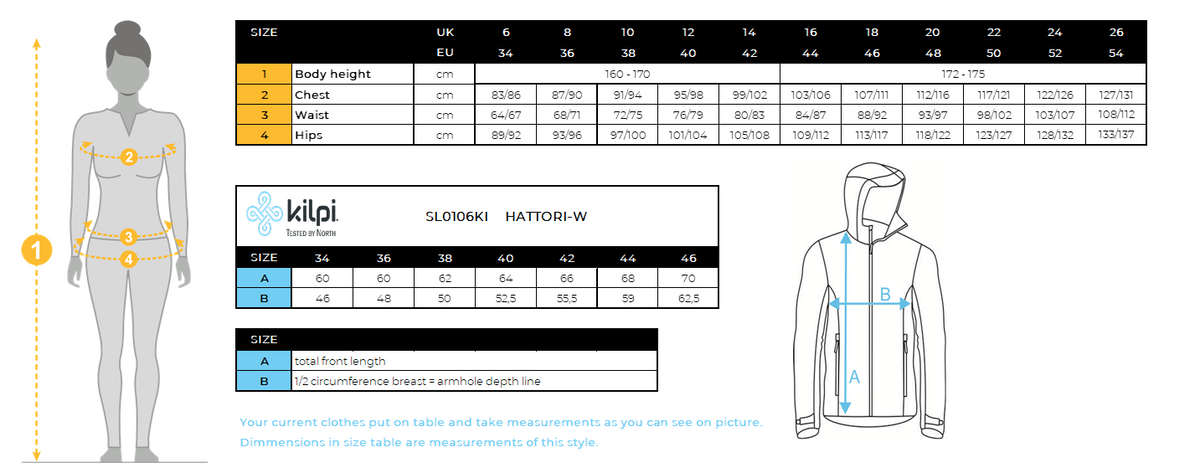 Women´s ski jacket Kilpi HATTORI-W – Size chart