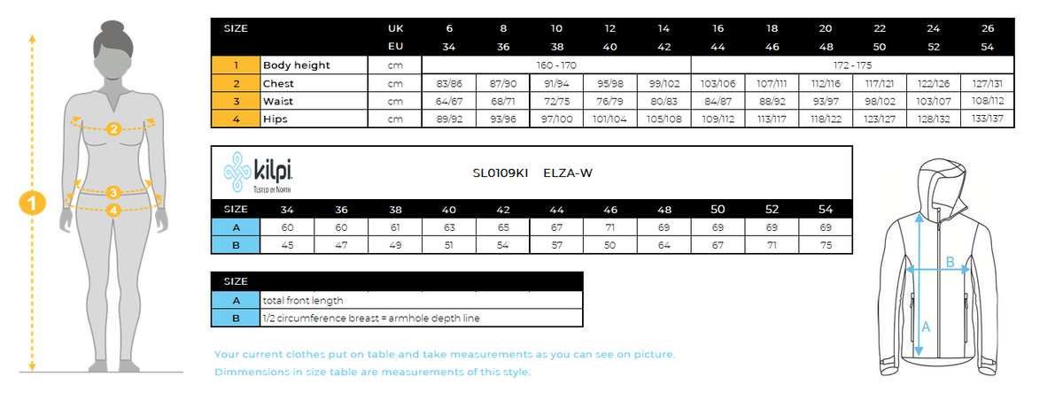 Damen-Skijacke Kilpi ELZA-W – Größentabelle