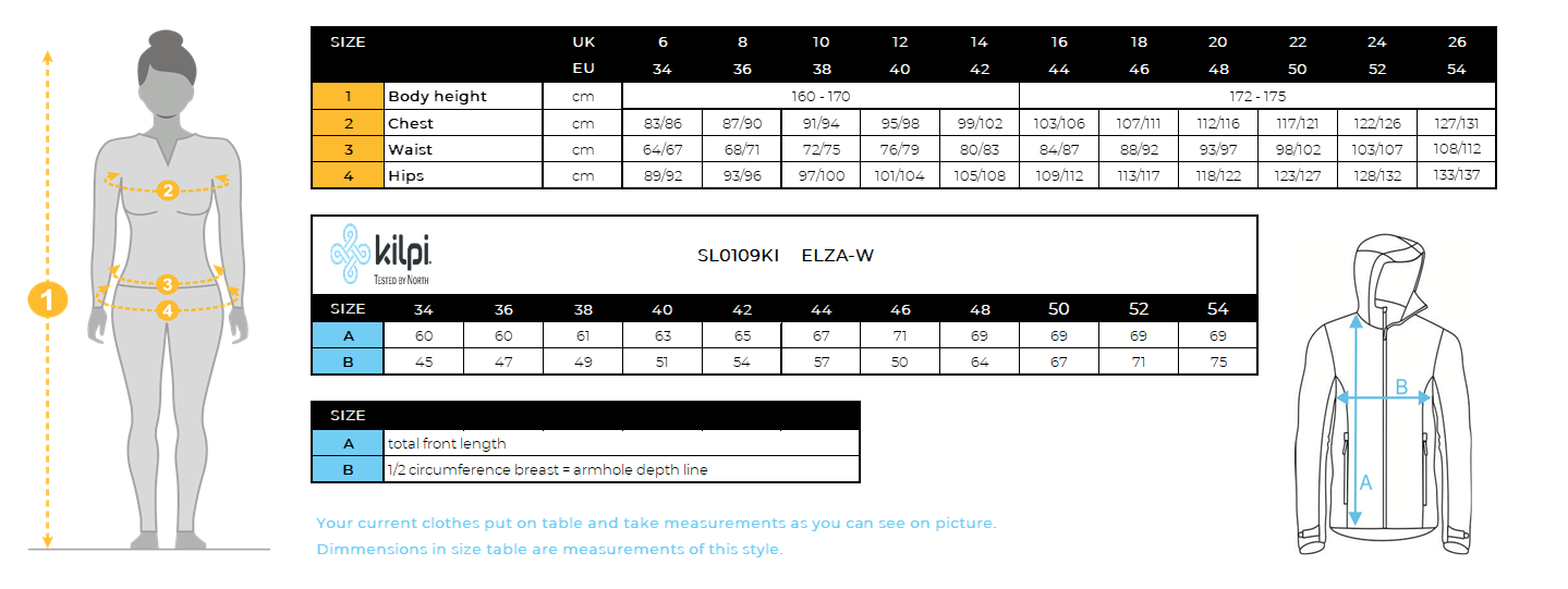 Damen-Skijacke Kilpi ELZA-W – Größentabelle