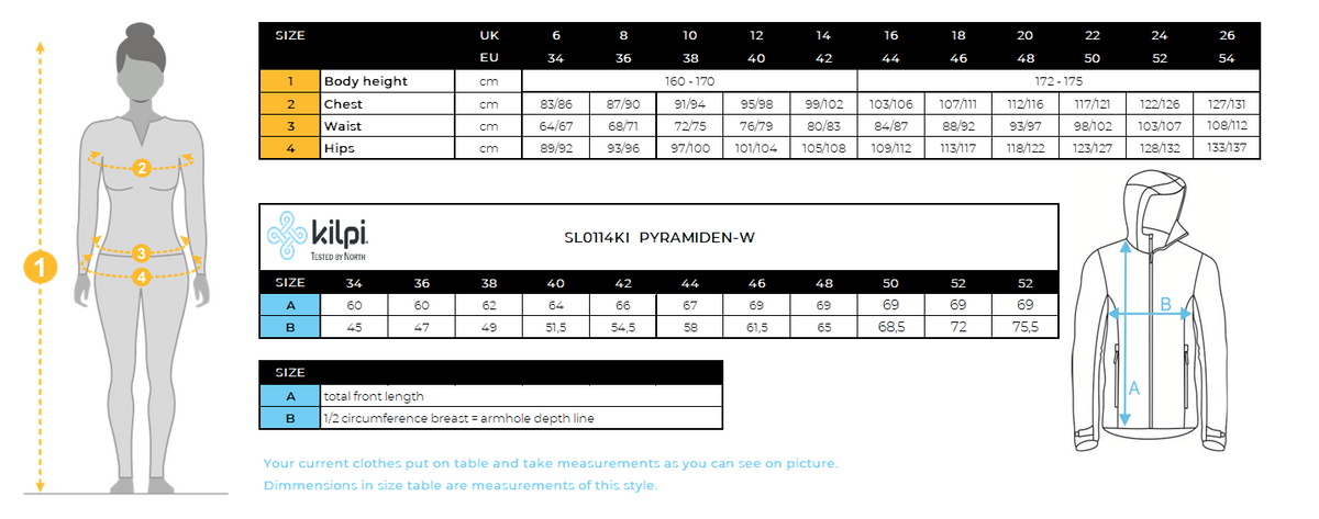 Damen-Daunenjacke Kilpi PYRAMIDEN-W – Größentabelle