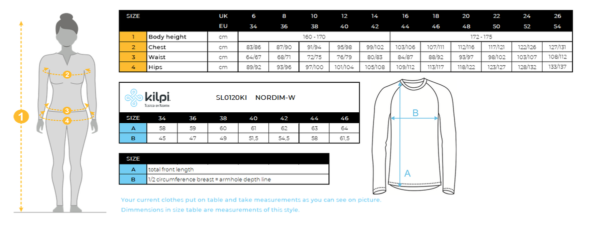 Damen-Laufjacke Kilpi NORDIM-W – Größentabelle
