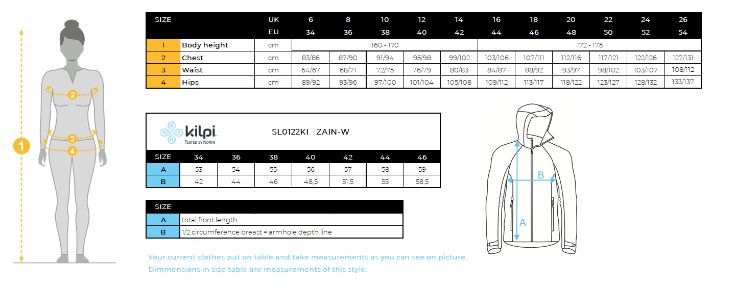 Damen-Softshelljacke Kilpi ZAIN-W – Größentabelle