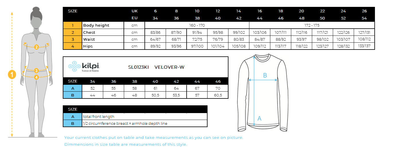 Damen Softshell-Fahrradjacke Kilpi VELOVER-W – Größentabelle