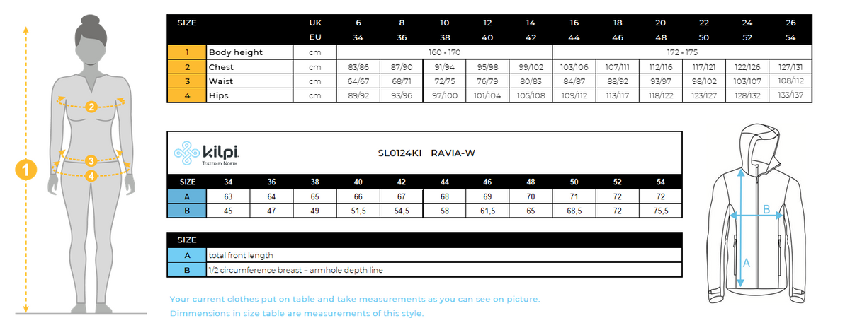 Damen-Softshelljacke Kilpi RAVIA-W – Größentabelle