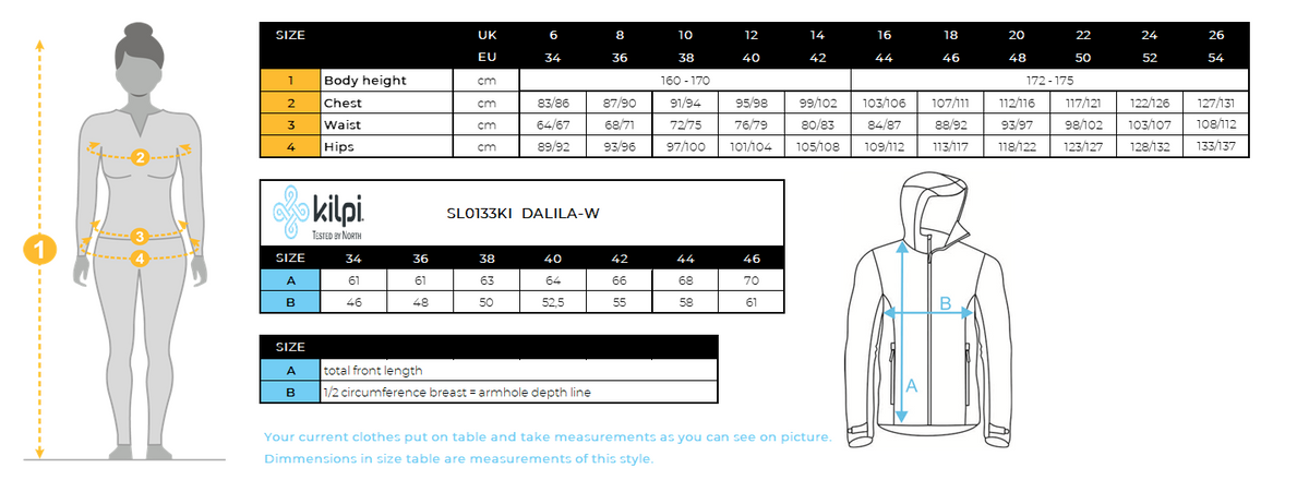 Damen-Skijacke Kilpi DALILA-W – Größentabelle