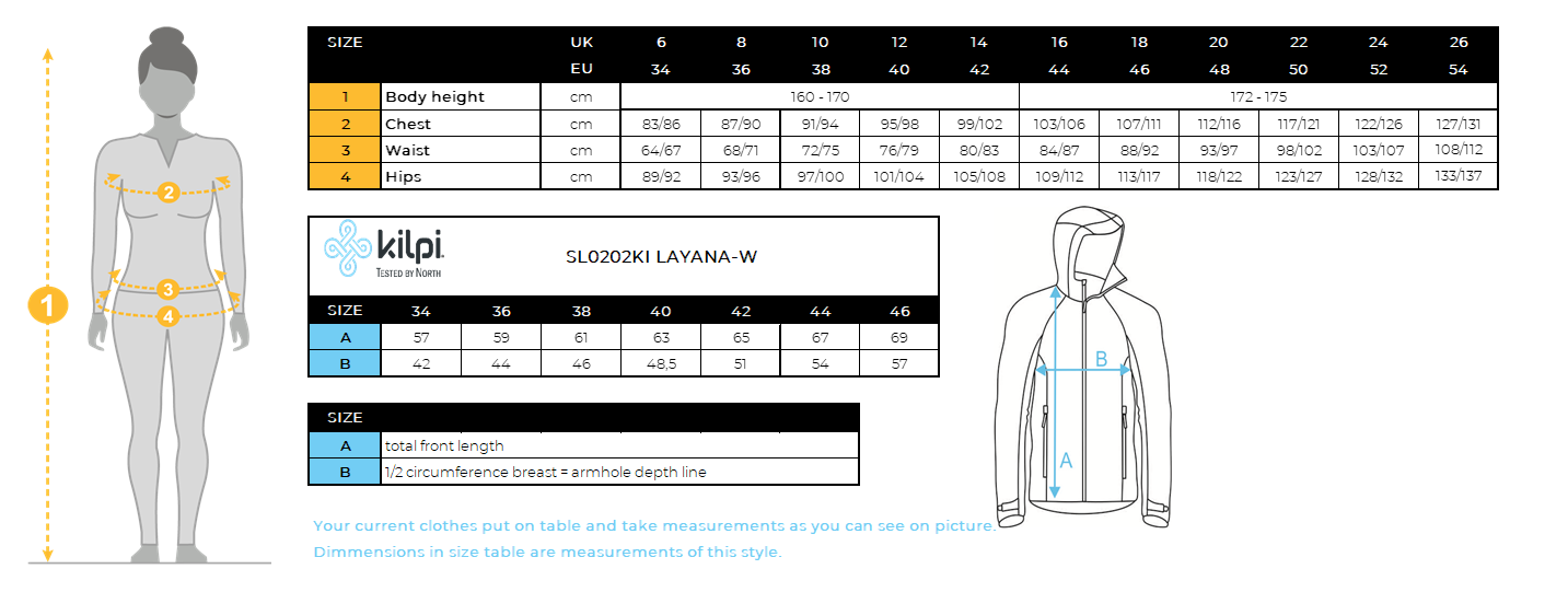 Women´s middle layer with hood Kilpi LAYANA-W – Size chart