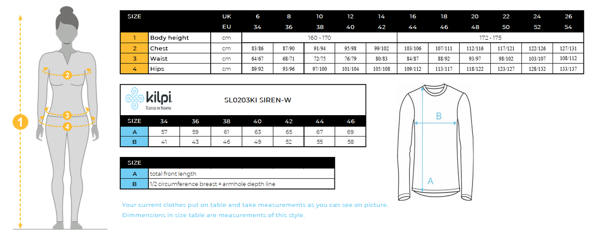 Women´s sporty middle layer Kilpi SIREN-W – Size chart