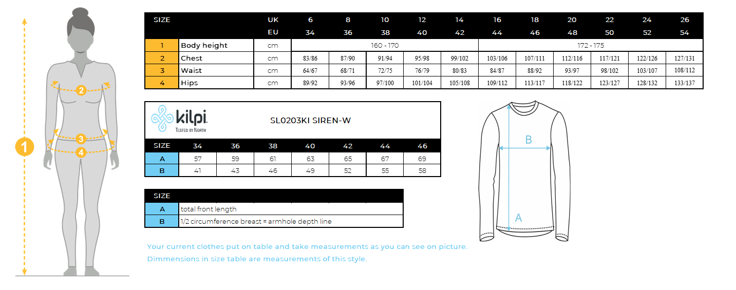 Women´s sporty middle layer Kilpi SIREN-W – Size chart