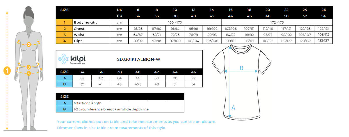 Women´s cotton t-shirt Kilpi ALBION-W – Size chart