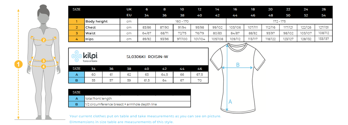 Womens´s t-shirt Kilpi ROISIN-W – Size chart