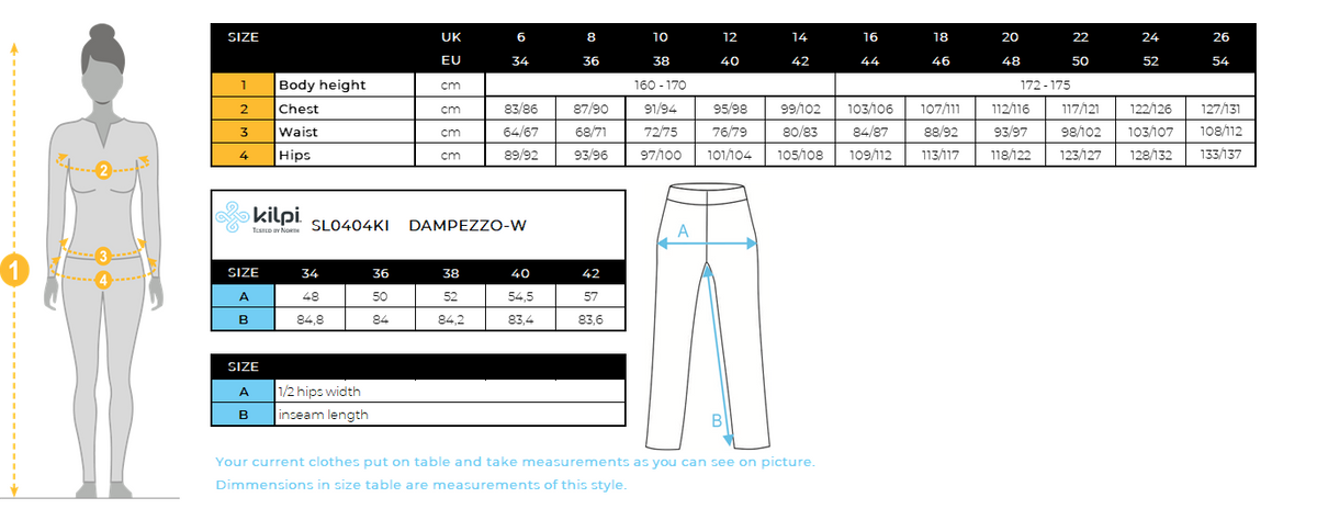 Damen-Skihose Kilpi DAMPEZZO-W – Größentabelle