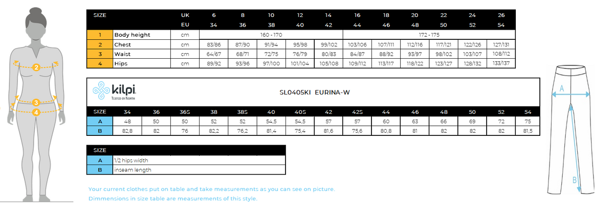 Women´s ski pants Kilpi EURINA-W – Size chart