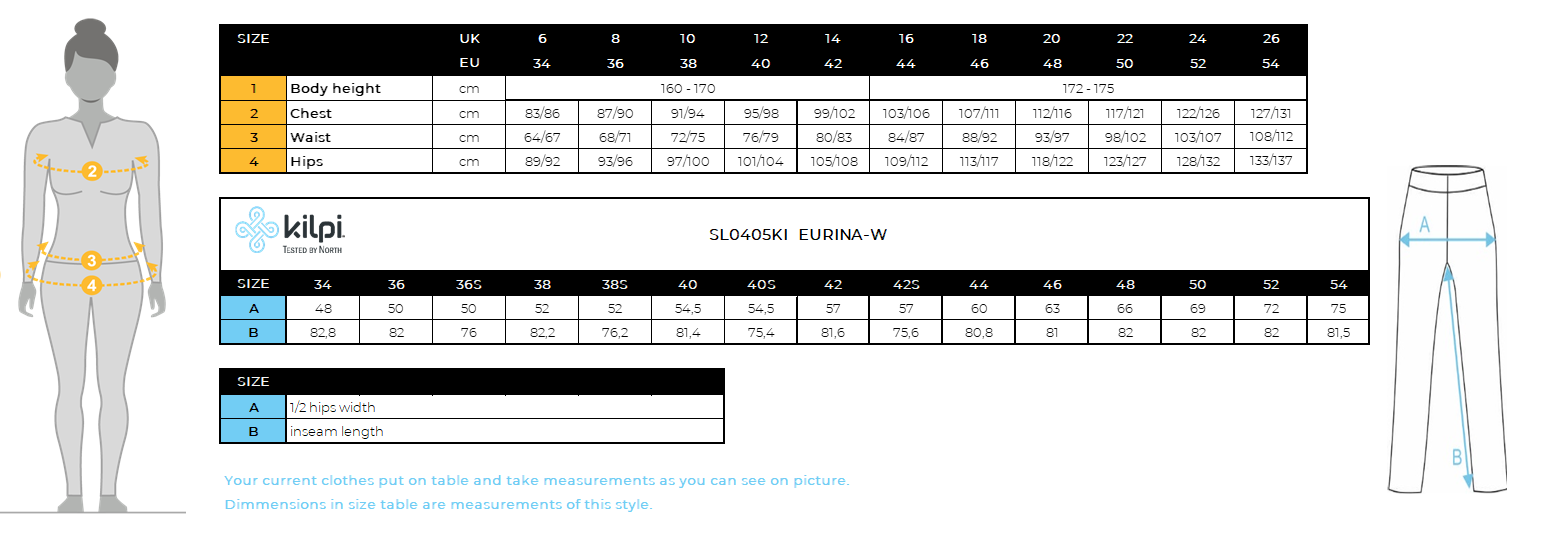 Women´s ski pants Kilpi EURINA-W – Size chart
