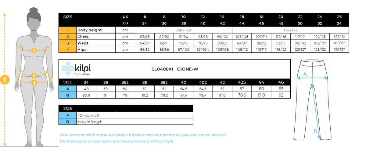 Women´s softshell ski pants Kilpi DIONE-W – Size chart
