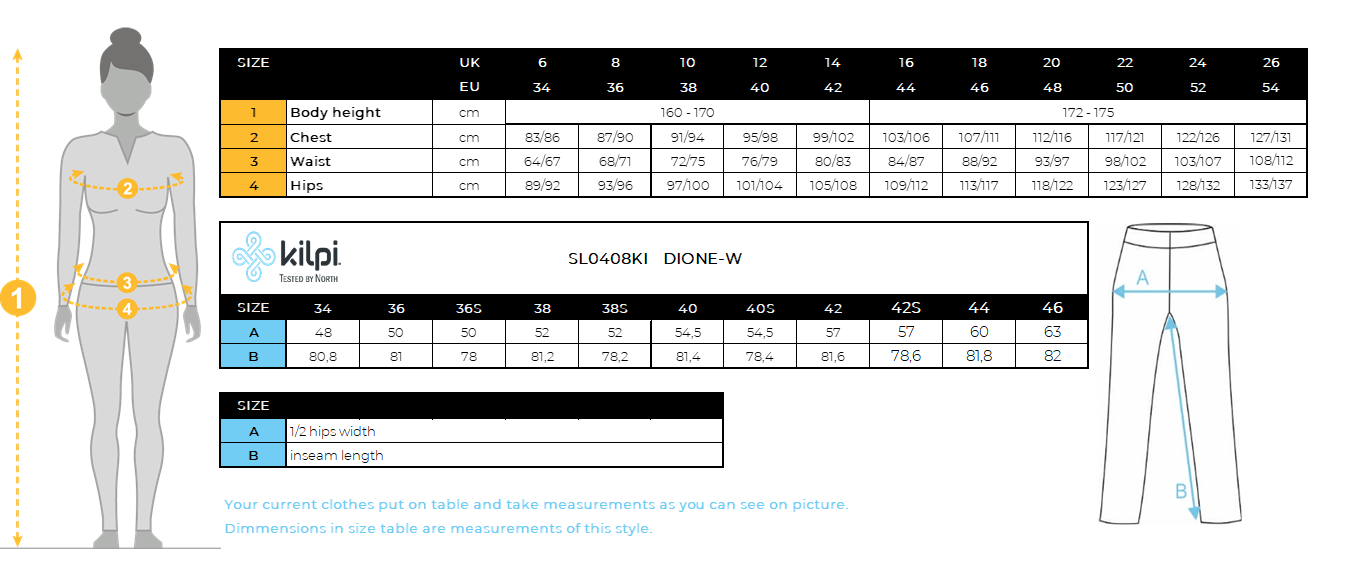 Women´s softshell ski pants Kilpi DIONE-W – Size chart