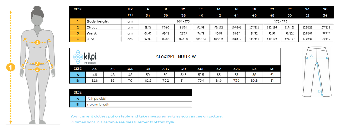 Damen Outdoorhose Kilpi NUUK-W – Größentabelle